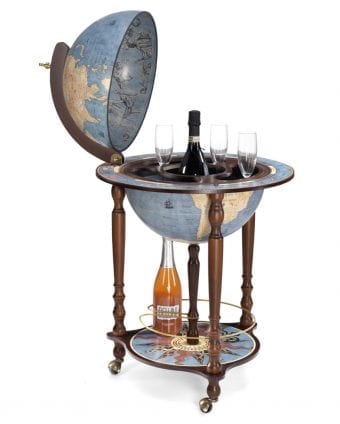 Mappamondo Bar Da Terra Con Ruote E Vano  Portabottiglie “Da Vinci” – Blue Dust