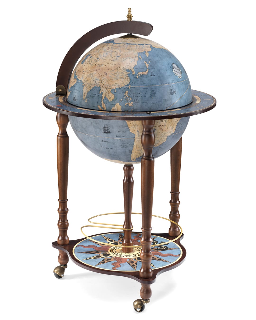 Mappamondo Bar Da Terra Con Ruote E Vano Portabottiglie “Da Vinci” – Blue Dust - immagine 2
