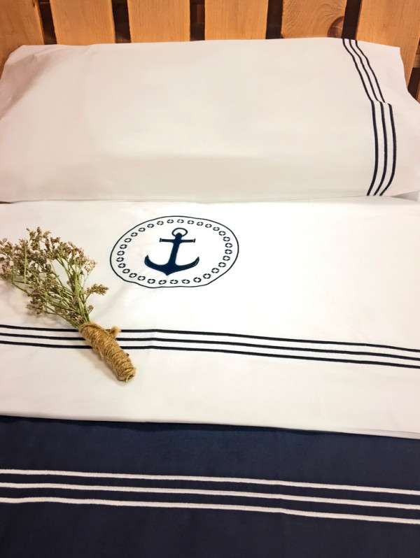 Lenzuolo & Federa Da Cuscino -
Individuale Blu (Con Ricamo), Collezione Santorini - immagine 2